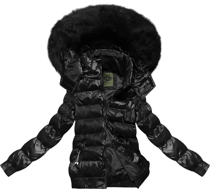 Černá krátká zimní bunda s květovaným vzorem (CAN-597)