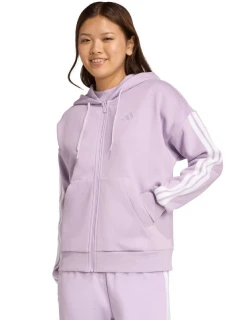 Dámská fleecová mikina adidas Essentials 3-Stripes s kapucí a zipem fialová JY3080