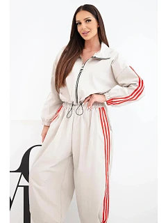 Dámská bavlněná souprava s oversized kalhotami a kontrastními lampasy béžová