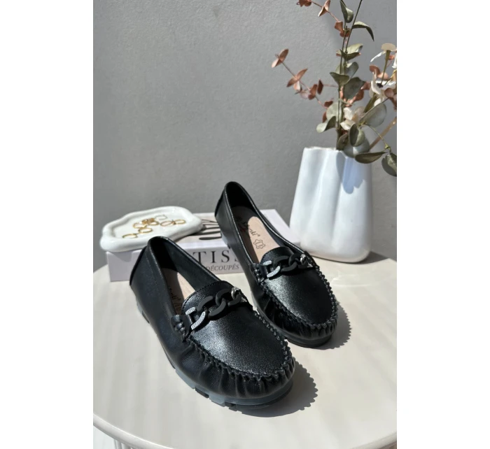 Dámské kožené mokasíny s ozdobou Černé S.Barski LR339