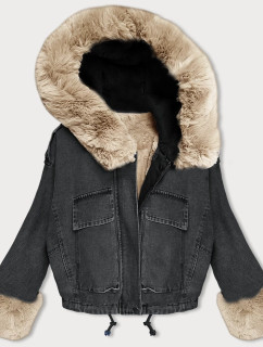 Krátká šedo/ecru dámská džínová bunda s kožešinovou odepínací kožešinovou podšívkou S'West (B8047-1046)
