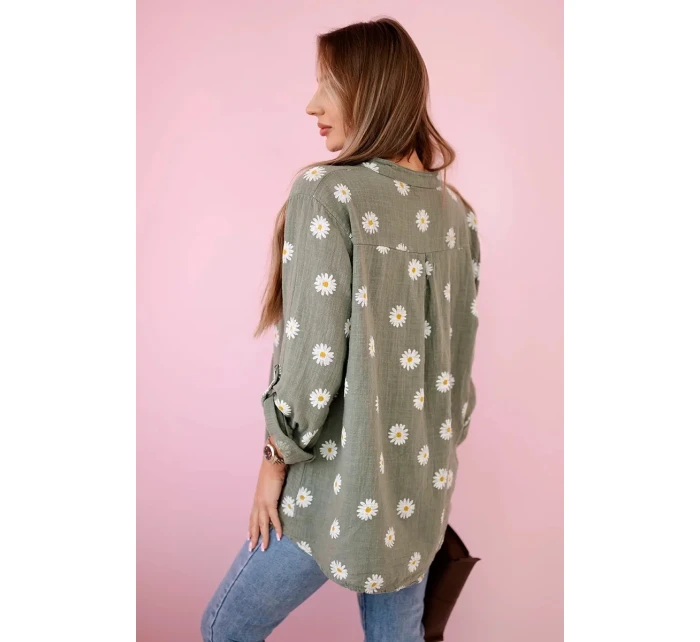 model 21911562 dámská halenka s květinovým vzorem, dlouhými rukávy a knoflíky khaki - K-Fashion