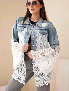 Dámská džínová bunda z bavlny a květinovou krajkou tmavě džínová