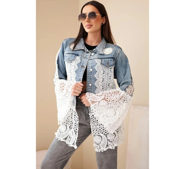 Dámská džínová bunda z bavlny a květinovou krajkou tmavě džínová