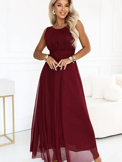 dlouhé maxi šaty s tylem a kulatým výstřihem – vínová model 22278796 - numoco basic