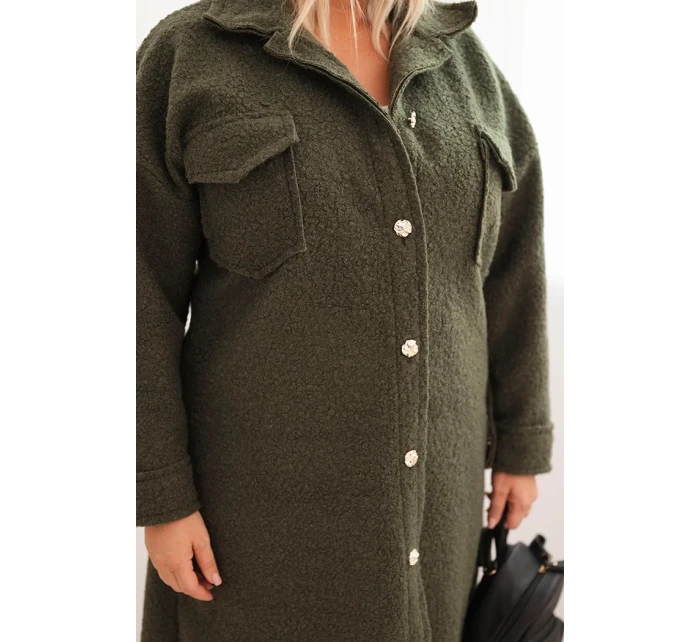 Dámský kabát Plus Size s vlnou na knoflíky s kapsami a límcem khaki