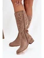 Ažurové kozačky na klínu NS596P béžové - Seastar
