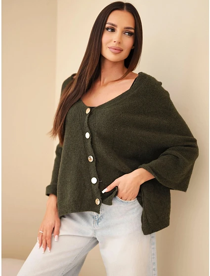 Dámské pončo svetr z baby alpaky s knoflíky khaki