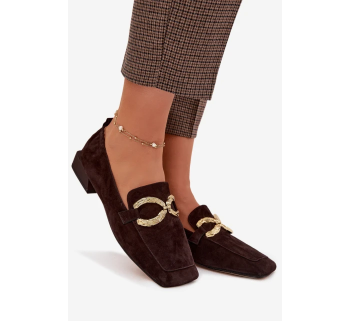 Dámské mokasíny z pravé semišové kůže se zlatým detailem D&A model 22031897 čokoládové - S.Barski