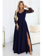 640-3 LORETTA jedinečné dlouhé šaty s tylovými rukávy a výstřihem - tmavě modré