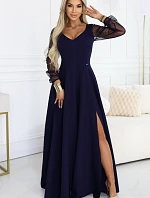 640-3 LORETTA jedinečné dlouhé šaty s tylovými rukávy a výstřihem - tmavě modré