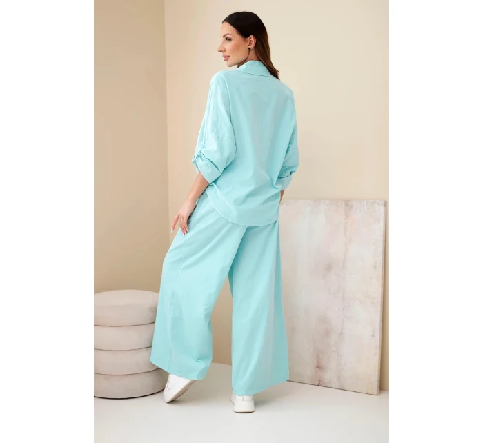 Dámský bavlněný komplet s uvázanou košilí a širokými nohavicemi mentolový Dámský bavlněný komplet s uvázanou košilí a širokými nohavicemi mentolový