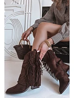 Dámské kožené boty s třásněmi na podpatku čokoládové Gralina
