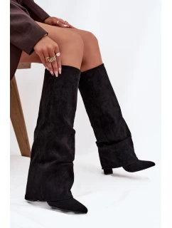 Dámské zateplené kozačky s vyhrnutou špičkou na sloupkovém podpatku Elivira – černé