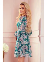 410-2 MONICA šifonové šaty s vázaným výstřihem - RŮŽOVÉ KVĚTY NA ZELENÉM PODKLADĚ