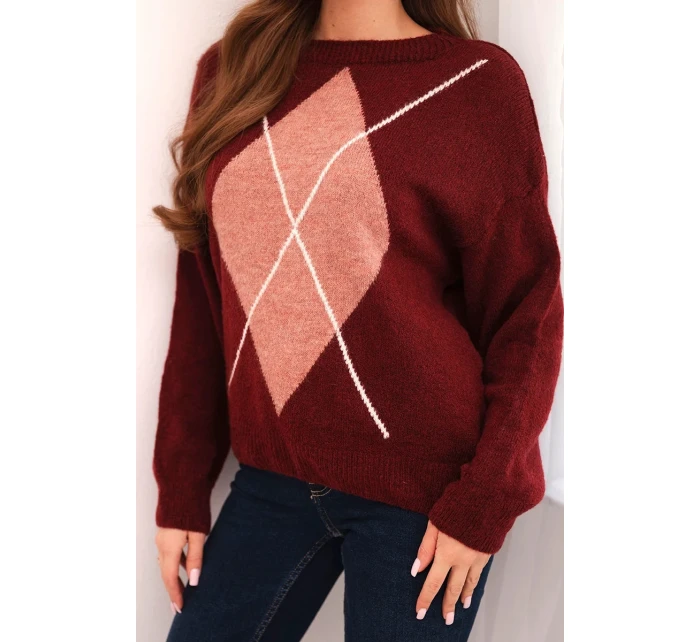 Dámský svetr s příměsí vlny a v vzoru bordový model 21774769 - K-Fashion Dámský svetr s příměsí vlny a v vzoru bordový model 21774769 - K-Fashion