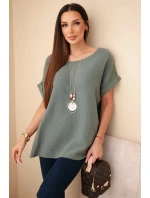 model 21961265 blůza s náhrdelníkem tmavě khaki - K-Fashion