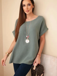 Hedvábná blůza s náhrdelníkem tmavě khaki