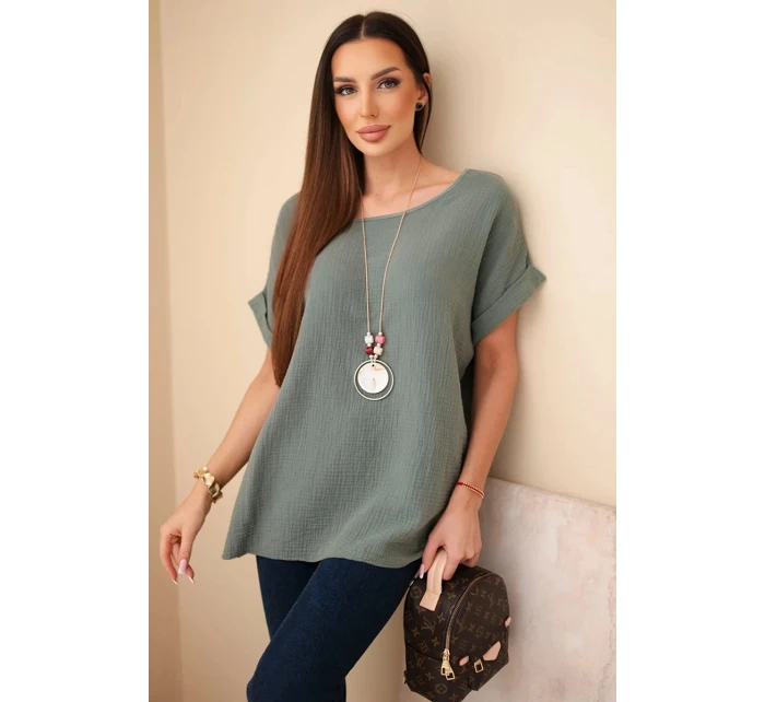 model 21961265 blůza s náhrdelníkem tmavě khaki - K-Fashion
