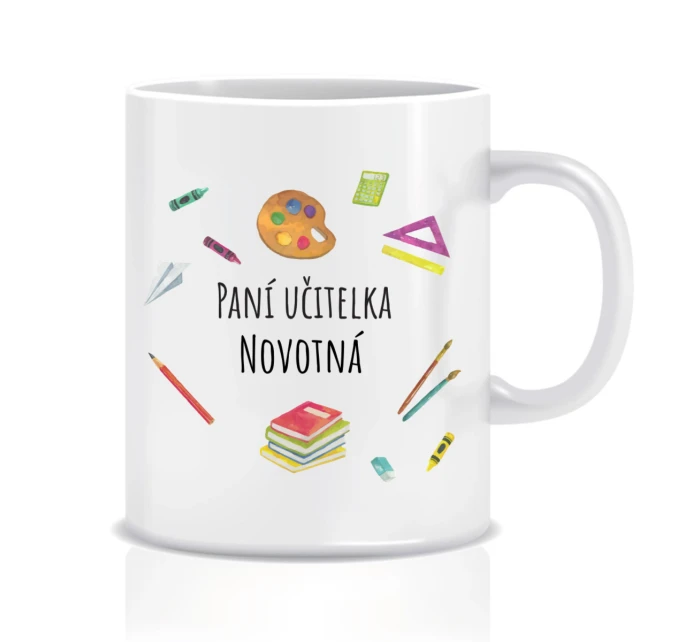 Personalizovaný klasický bílý hrníček pro paní učitelku/pana učitele (pomůcky)