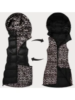 Černá hrubší oboustranná vesta s panteřím vzorem a s odepínací kapucí (T5-2602#-1)