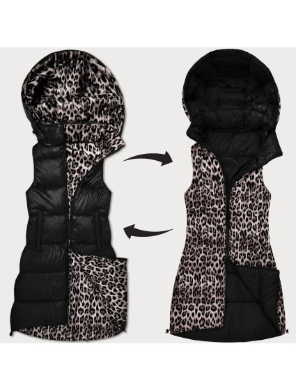 Černá hrubší oboustranná vesta s panteřím vzorem a s odepínací kapucí (T5-2602#-1)