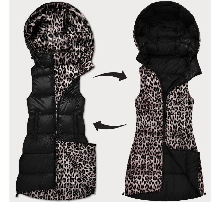 Černá hrubší oboustranná vesta s panteřím vzorem a s odepínací kapucí (T5-2602#-1)