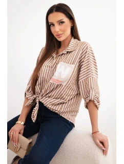 Dámská bavlněná košile s pruhy a zavazováním camelová