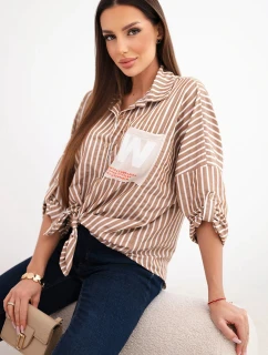 Dámská bavlněná košile s pruhy a zavazováním camelová