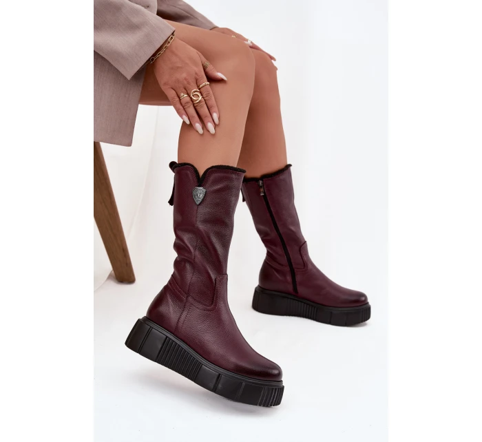 Dámské kožené kozačky s vlnou model 21715578 bordó - Zazoo Dámské kožené kozačky s vlnou model 21715578 bordó - Zazoo