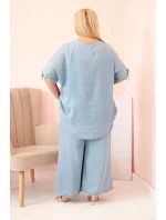 Dámská souprava Plus Size z tencelu, halenka s vázáním a široké kalhoty světlý džínový Dámská souprava Plus Size z tencelu, halenka s vázáním a široké kalhoty světlý džínový