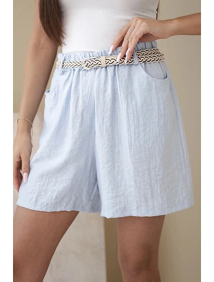Dámské kraťasy s příměsí model 22205785 a pleteným páskem modré - K-Fashion Dámské kraťasy s příměsí model 22205785 a pleteným páskem modré - K-Fashion