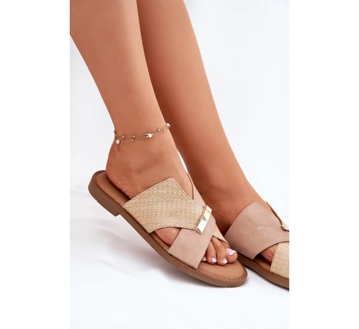 Dámské Pantofle Na Plochém Podpatku S Ozdobným Detalem model 21697185 Béžové - VINCEZA