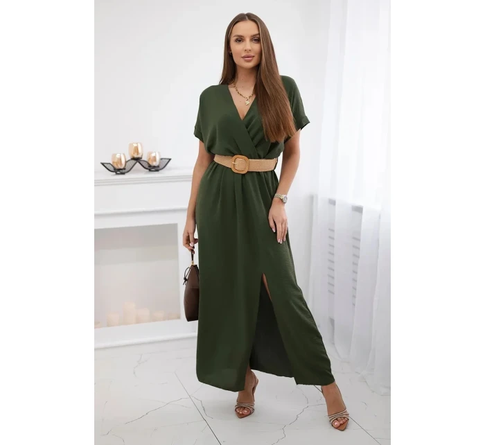 Dlouhé šaty s ozdobným páskem khaki barvy