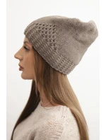 Dámská zimní čepice z vlny s ozdobným pletením a kamínky K449 mocca