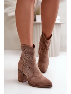 Zdobené dámské boty na podpatku z eko semiše hnědé model 21668223 - S.Barski