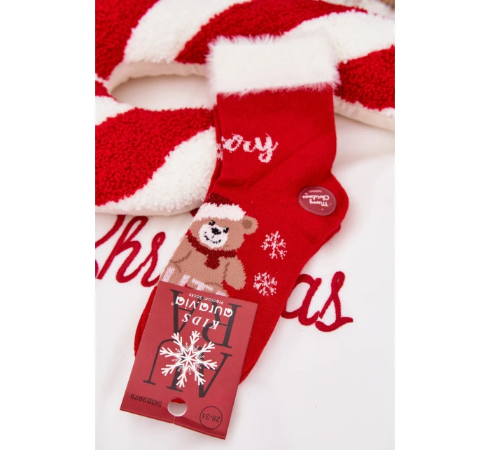 Dětské vánoční ponožky s kožíškem, medvídkem a alpaka vlnou – červené