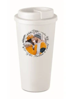 Personalizovaný bílý cestovní termohrnek s květinovým ohraničením 