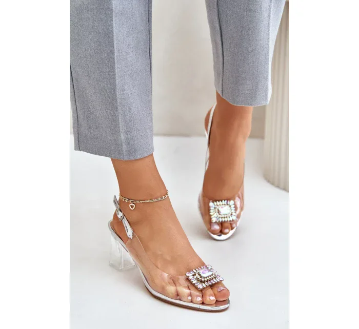 Transparentní Sandály S Broží Na Podpatku D&A Stříbrné Transparentní Sandály S Broží Na Podpatku D&A Stříbrné