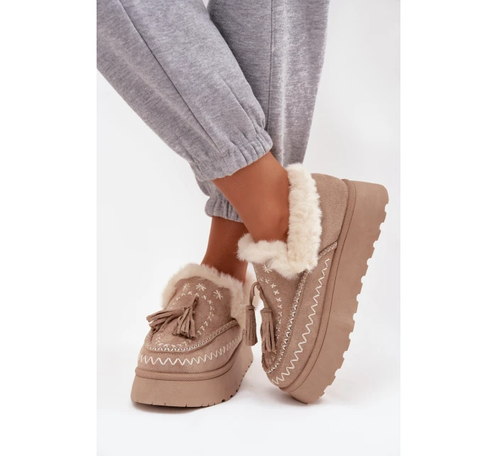 Dámské sněhule Ferayne na platformě s kožešinou a třásněmi – béžové