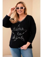 Dámská blůza Plus Size s nápisem a perlami černá