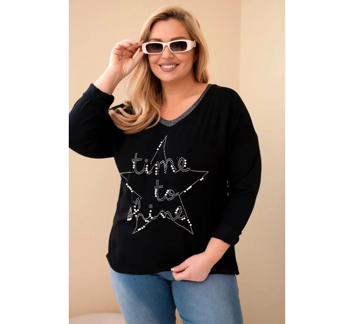Dámská blůza Plus Size s nápisem a perlami černá