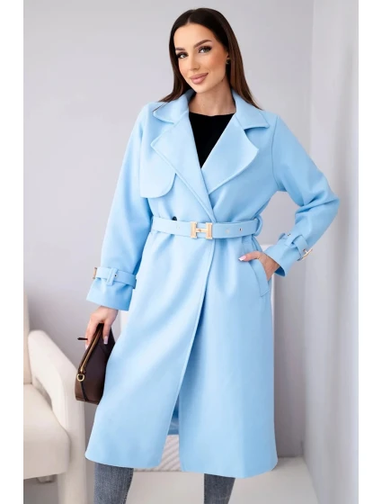 Dámský kabát s páskem a zlatými přezkami modrý