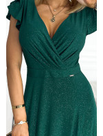CRYSTAL Dlouhé lesklé dámské šaty v lahvově zelené barvě s výstřihem model 18025634 - numoco