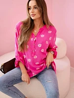 Lněná dámská halenka s květinovým vzorem, dlouhými rukávy a knoflíky Růžová