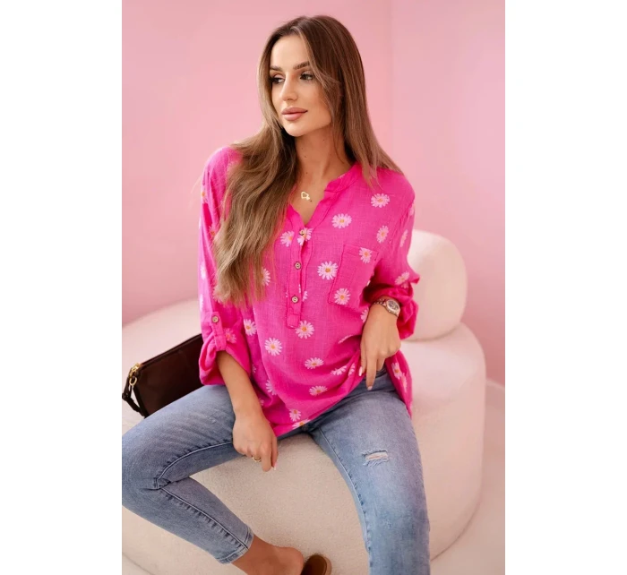 Lněná dámská halenka s květinovým vzorem, dlouhými rukávy a knoflíky Růžová