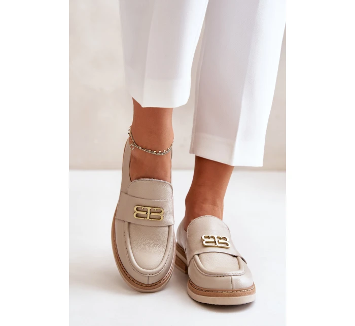 Zazoo 20174 Kožené Elegantní Polobotky Dámské Na Plochém Podpatku Béžové