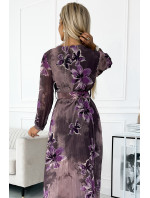 Dlouhé dámské plisované šifonové šaty s výstřihem, dlouhými rukávy, širokým opaskem a se vzorem  květů model 19350644 - numoco basic
