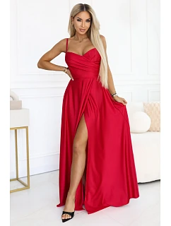 model 22015478 Dlouhé společenské šaty bez ramínek s rozparkem na nohou červené - numoco basic