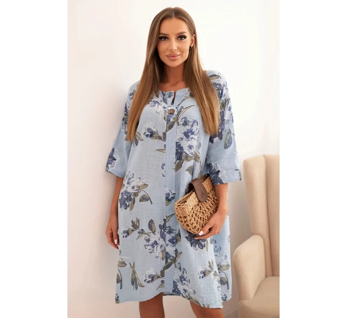 Dámská bavlněná šaty s květinovým vzorem a 3/4 rukávem modrá